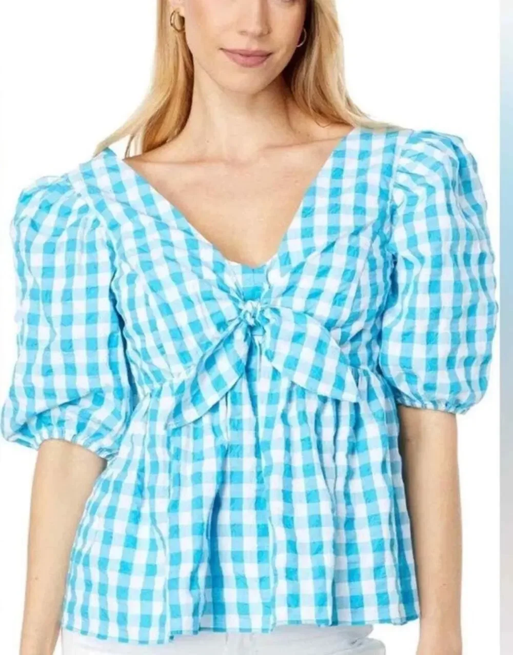 Lilly Pulitzer Sarafina Gingham Tie Front Puff Sleeve Peplum Blouse 00 peasant
